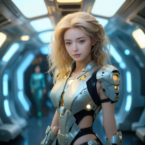 cinematic film still full_shot,in the spaceship compartment,wearing complex machine high heels in gray gold color,1 girl,full of futuristic technology,wearing grayish gold clothing,wavy silver hair,intricately designed robotic suit with various technologic...