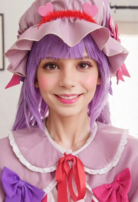 Patchouli Knowledge smiling. realistic, 8K, masterpiece, ultra-realistic, high-definition, detailed facial features, natural lighting, expressive eyes, textured skin, subtle shading, dynamic pose, elegant attire, vibrant colors, atmospheric background, bea...