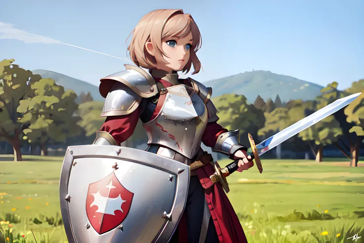 A lovely lady in plate armor holding a sword and shield