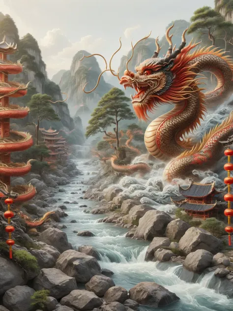 An ais-cny inspired traditional painting, depicting a serene river flowing through an ancient landscape <lora:Lunar_New_Year_Dragon_SDXL:1>