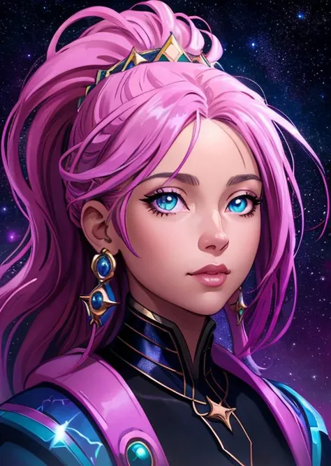 8k portrait, Queen of Chaos, melting into a magical puddle of stars, beautiful eyes, dreadlocks in a ponytail, vibrant colors, highly detailed, digital painting, Style-Gravitymagic, artstation, concept art, smooth, sharp focus, illustration, Unreal Engine ...