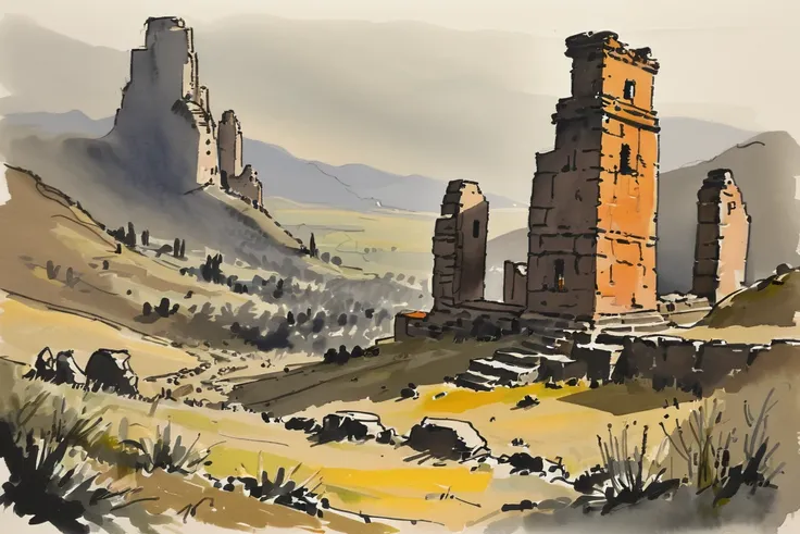 ink and wash, rough ink sketch, colorful, Ancient Ruin Valleys<lora:EnvyInkAndWashXL01:0.3>