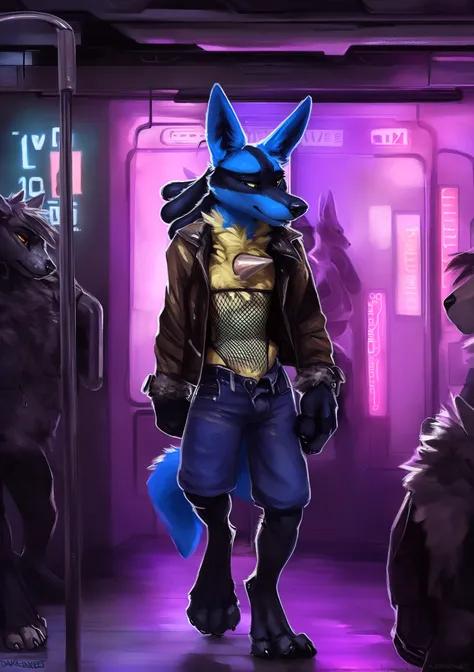 solo, male, anthro, ( lucario,pokemon (species)), canid,
fur, tuft, neck tuft, chest tuft, fluffy, fluffy ears, inner ear fluff, fluffy tail, hindpaw,
(fully clothed, cyperpunk jacket, bottomwear, skimpy, fishnet clothing, :1.2)
smirk, standing, nsfw,
(det...