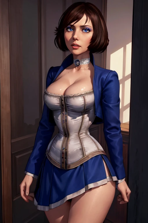 masterpiece,best quality,extreme detail,8k,<lora:elizabeth:0.6>,elizabeth2,1girl,solo,breasts,short hair,blue eyes,skirt,brown hair,dress,cleavage,large breasts,jacket,choker,lips,makeup,corset,cropped jacket,wide hips,thighs,