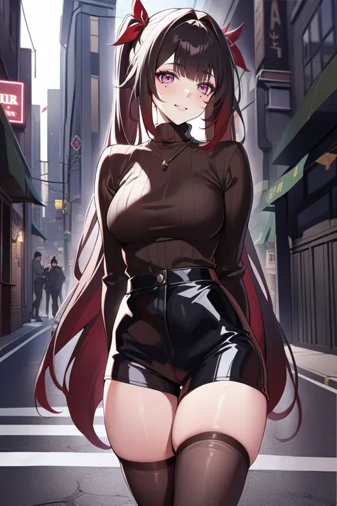 1girl,spksd, moles under eye,  short shorts, (turtleneck sweater:1.2), thighhighs, high heels boots  ((best quality:1.2, masterpiece:1.2))  highly detail, rating: general, mile shoot,  <lora:SparkleXLHS:1>, street, portrait, standing,