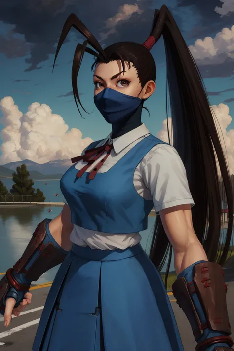 ibuki,black hair,brown eyes,long hair,high ponytail,
school uniform,mouth mask,gauntlets,looking at viewer,blue skirt,
standing,
night,cloudy sky,
(insanely detailed, masterpiece, best quality),solo,<lora:ibukiSF5:0.8>,