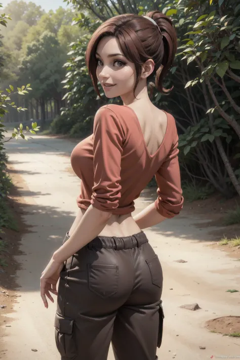 arajin mom, 1girl,brown hair, short hair, bangs, brown eyes,(black cargo shorts:1.2,red t-shirt), looking at viewer, cowboy shot,japanse forest,from behind, looking back,outdoors,smile,nature.small breasts,from above,ass,ponytail,(Maya 3d render:1.05), (ma...