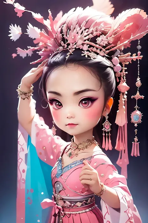 best quality,masterpiece,ultra high res,(chibi),looking at viewer,simple background,studio light,makeup portrait,pink eyeshadow,1girl,formal_dress,exquisite girl,bright colors,oil painting style,colorful,<lora:lbc_Q_ban>,