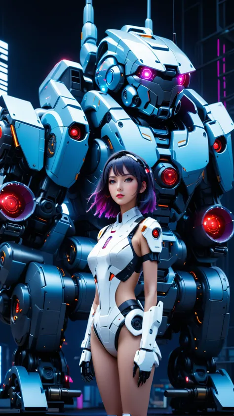 neonpunk style ((full_shot:1)),wide_shot,panorama,cowboy_shot,(a girl sits on the robot arm:1.2),the mecha set wraps around the whole body,(wearing a gray high-heeled shoe with technological light elements:1.2),a girl wearing a mecha style,a set full of te...