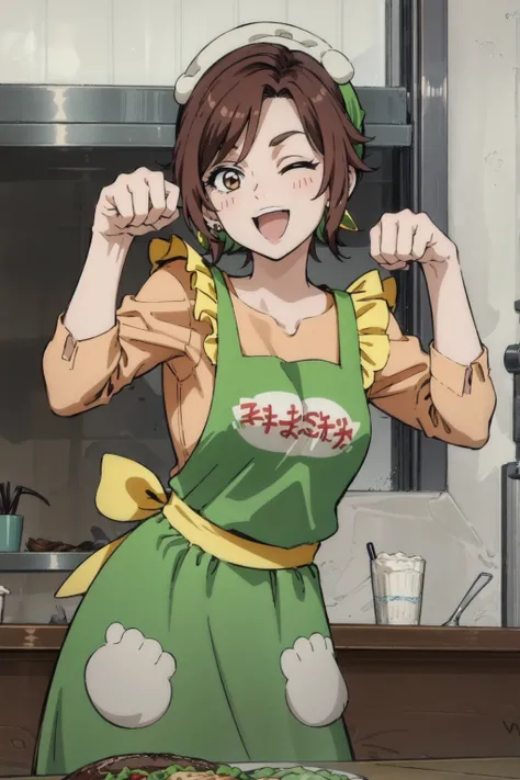 arajin mom, 1girl, brown hair, one eye closed, solo, green apron, brown eyes, standing, short hair, open mouth, indoors, smile, long sleeves, salmon shirt, paw pose, looking at viewer, yellow frills, yellow ribbon, hands up, bangs, ;d, clothes writing, chi...