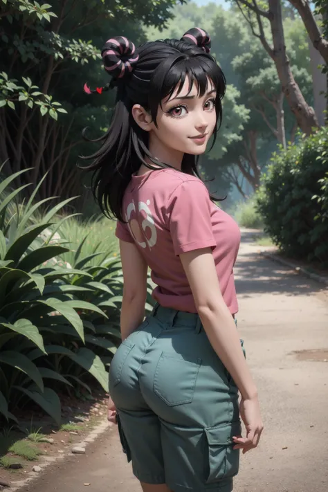 mahoro, 1girl, black hair, double bun, bangs, long hair, braid, pink eyes, two-tone hair,(black cargo shorts,red t-shirt), looking at viewer, cowboy shot,japanse forest,from behind, looking back,outdoors,smile,nature.small breasts,from above,ass,heart hair...