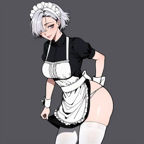 (masterpiece, best quality:1.3), Mesuki_Peropero, 1girl, solo, looking at viewer, wide hips, mature female, simple background, closed mouth, seductive smile, large breasts, cowboy shot, thick thighs,  <lora:Mesuki_Peropero Style Lora:.85>, cameltoe, maid, ...