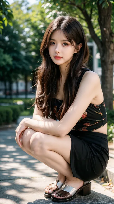 best quality,HDR,UHD,8K,Vivid Colors,solo,photo_,cute & girly,(1girl:1.3),(squatting:1.3),(looking at viewer:1.4),simple background,(outdoors:1.3),Elegant,detailed gorgeous face,cowboy shot,soft light,<lora:add_detail:0.7>,<lora:rc82:0.75>,rc,print,blacksk...