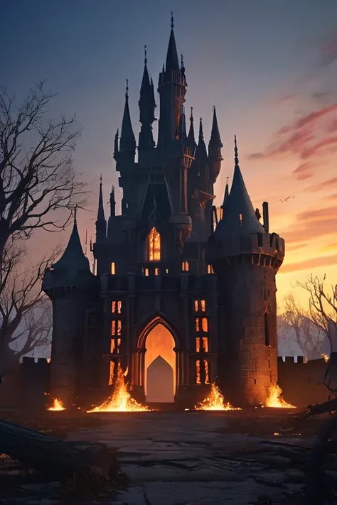 Gothic Dark Style picture of a Western style architecture Castle,Withered tree trunks With residual flames,professional,highly detailed,cyberpunk style,Disney Animation back ground style,ruins are trapped in time,vision,masterpiece,high quality,highres,Cin...