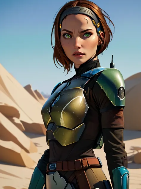 1girl,solo, short brown hair, hairband, bokatan, green eyes, mandalorian armor, cowboy shot, serious face, looking at viewer, photorealistic, realistic <lora:bokatan:0.8>