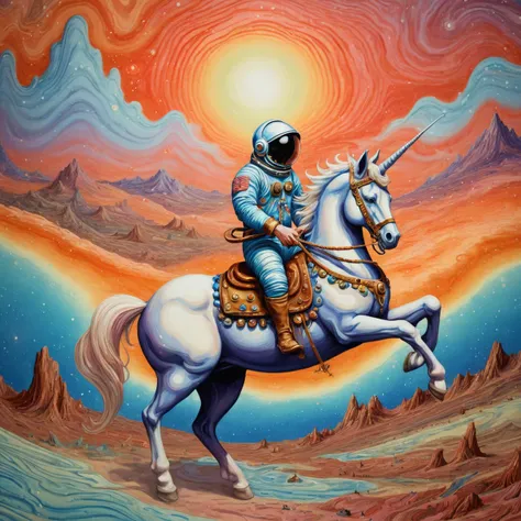 Color Field Painting, xlmrblng36-500 magnificent male cosmonaut riding a unicorn with one horn in a Wild West town, very detailed, intricate