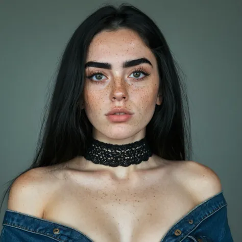 <lora:90b28ae8f5:0.7> woman with dark hair and thick eyebrows with extreme freckles wearing a choker wearing a denim jeans he ha...