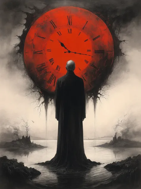 (the passing of time at the end of the world:1.4),(horror:1.2),ultra-detailed,surreal,strange,haunting,red,black,whitesmoke,(monochrome,painting romanticism era,black ink blot,Maurice Sapiro,zdzislaw Beksinski,:0.6),