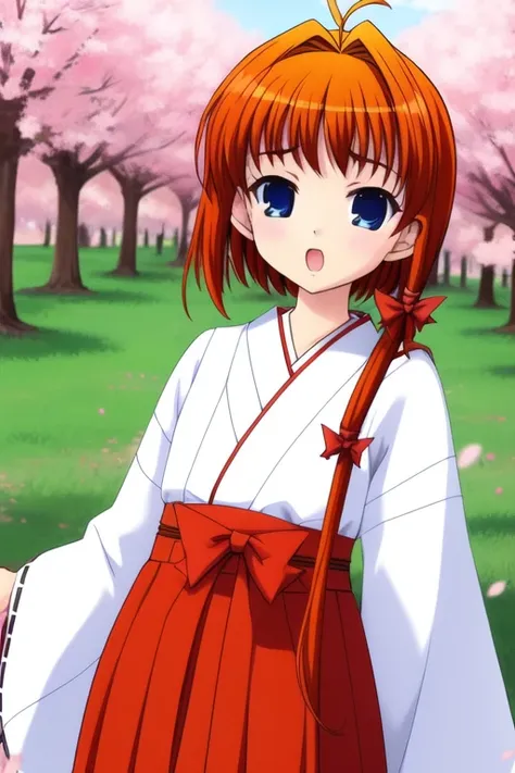 <lora:Hongou_Ai:1>,HongouAi, 1girl, soro, blue_eyes, orange_hair, ahoge,  hair_ribbon, hair_bow,  child,
japanese white clothes, miko, red hakama, shrine, cherry blossom,
masterpiece, high quality, very_high_resolution, large_filesize, full color,