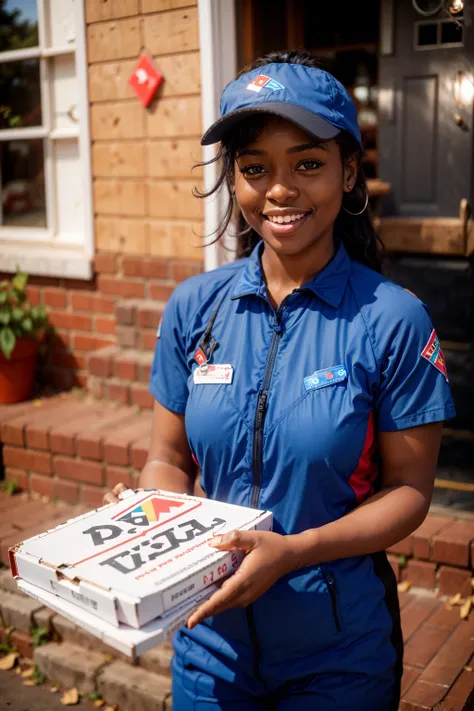 RAW photo of an african woman , wearing pizza delivery outfit <lora:p1zz4d3l1v3ry:1.2> ,on the porch of a house, holding pizza boxes