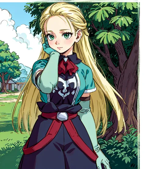 masterpiece, high res, detailed face, detailed eyes, anime screencap, 1 woman, woman, mature, solo, hair on wind, hand on hair, blonde hair. long hair, green eyes, forehead, blue outfit, elbow gloves, standing, full body, outdoors, green hill,  medieval, c...