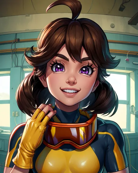 Mechanica,brown hair,ahoge,short hair,purple eyes,
bodysuit,fingerless glove,yellow gloves,goggles around neck,
standing,smile, 
wires,oil, indoors,  
(insanely detailed, beautiful detailed face, masterpiece, best quality),solo,<lora:Mechanica:0.8>,