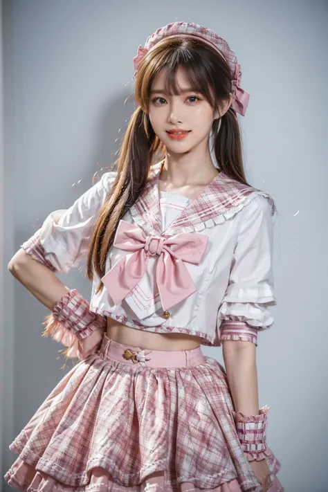 best quality, masterpiece, realistic, photorealistic, 1girl, solo, looking at viewer, smile, cowboy shot, standing, low twintails, bangs, idol costume, cyb skirt, cyb shirt, plaid skirt, frilled skirt, idol, wrist cuffs, bow, sailor collar, frills, simple ...