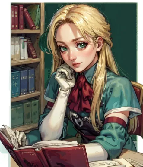 masterpiece, high res, detailed face, detailed eyes, anime screencap, 1 woman, woman, mature, solo, blonde hair. long hair, green eyes, forehead, blue outfit, elbow gloves, sitting, reading, indoors, office, medieval, cowboy shot  <lora:Teresa:1>