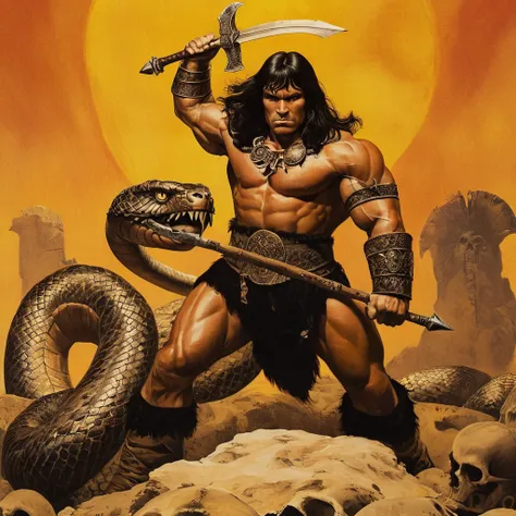 Medievalism, medival art of <lora:Barbarian Style:0.8>
Conan the Barbarian, partially covered in shadows, standing on top of pile of skulls, holding "battle axe" with both hands, and a yellow warm sunset noon in background, giant snake in background, long ...