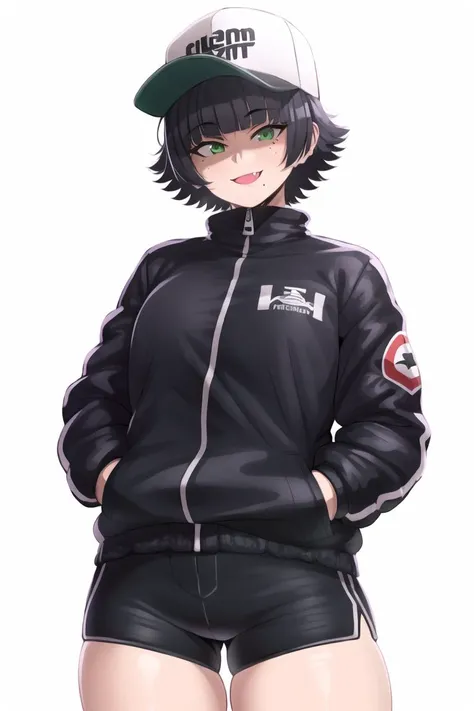 masterpiece,   <lora:aestheticc_meme-69:1> aestheticc_meme,
1girl, solo, looking at viewer, smile, short hair, simple background, black hair, hat, green eyes, jacket, thighs, cowboy shot, shorts, fang,  mole, black jacket, short shorts, mole under eye, thi...