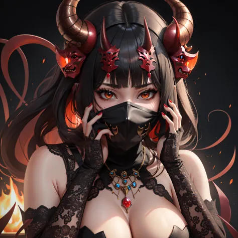 Demon horns, Oni mask, demonic mask, boobs, jewels, brown eyes, detailed jewel, hot demon chick, mask covering mouth, hands on face,