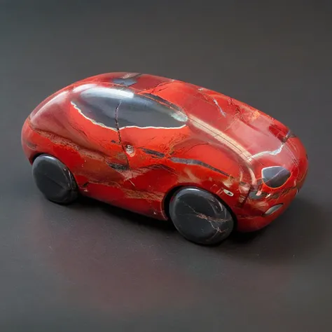 <lora:Jasper:1.3> Jasper, A futuristic looking car made out of bright red jasper stone in a city made of gray and black mountains, Fantasy, vintage, polished, Stone, River Stones, Veiny, Cracks, Texture