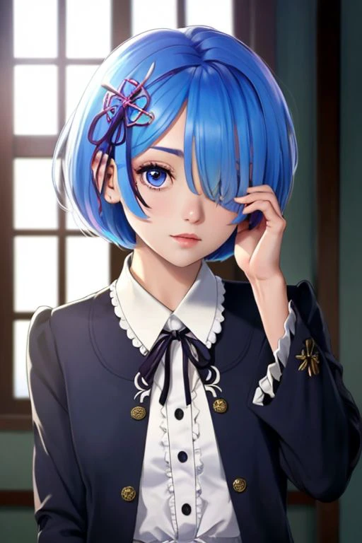 rem, re zero, hair over one eye, wearing modern clothes,, , masterpiece, (best quality:1.2), [:intricate details:0.2],