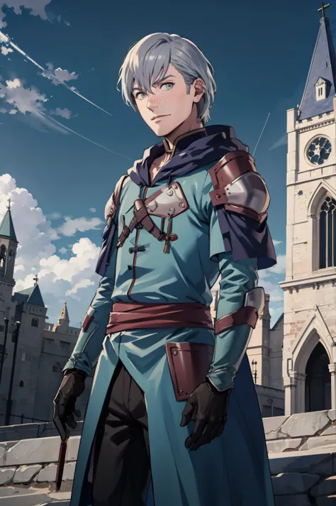 masterpiece, outdoors, cathedral, sky, 1boy, cowboy shot, standing, solo, looking at viewer, freckles, <lora:AsheFE:0.85> warAshe, cape, armor, shoulder armor