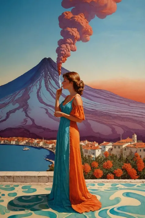 photorealistic xlmrblng36-500 stark analog photo, Art Nouveau, a beautiful checkout girl looking at a smoking volcano beside a mediterranean town, very detailed, intricate, hot color palette