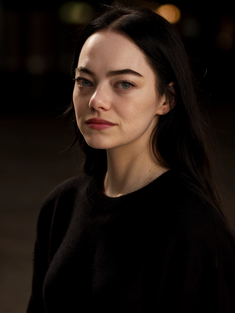 emst,black long hair,sweater,close-up,looking at viewer,city street background,bokeh,night,soft lighting,dimly lit,chiaroscuro,dramatic tone,dynamic pose,add_detail