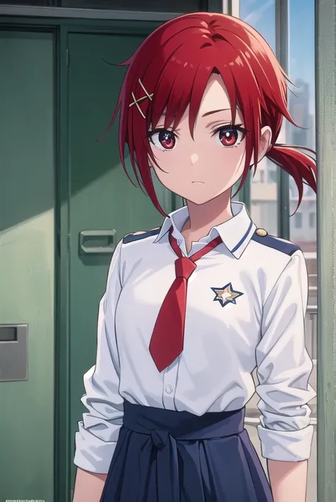 akanehino, <lora:akane hino s1-lora-nochekaiser:1>,
akane hino, short hair, hair ornament, (red eyes:1.3), ponytail, red hair, hair clip, x hair ornament,
BREAK skirt, school uniform, necktie, sweater, sleeves rolled up, clothes around waist, sweater aroun...