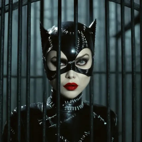 cinematic film still of  <lora:Catwoman 1992:1>
Catwoman a woman in a cage with a red lipstick tim burton style,1girl,solo,looking at viewer,black hair,parted lips,teeth,artist name,signature,black eyes,lips,makeup,mask,lipstick,realistic,red lips, cage, f...