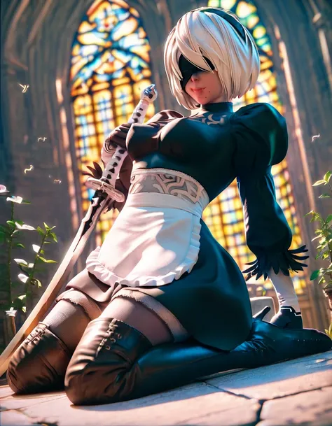 (RTX_soft, RTX_pt:1.2), RTX_on, score_9,score_8_up,score_7_up, 1girls, solo, yorha_2b, nier:_automata, maid, blindfold, kneeling, church, smiling, , sword, blender, 3d, plants, green, godrays <lora:DI_RTX_on_pony_diffusion_v6:1>