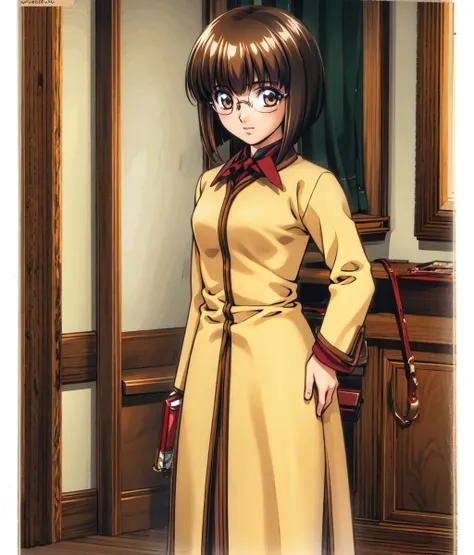 masterpiece, high res, detailed face, detailed eyes, anime screencap, 1 girl, slender, glasses. fixing glasses, touching glasses, smart, short hair, brown hair, yellow dress, indoors, full body, military tactics room, medieval, cowboy shot   <lora:Apple:1>