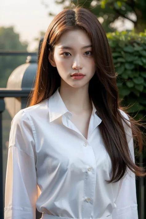 (realistic), (hyperrealism),best quality, masterpiece,ultra high res, (photorealistic),1girl,pale skin,skinny,(looking at viewer),outdoor, long hair, upper body, open button collared shirt, 
<lora:makina69_doyeon_v1.0:1>