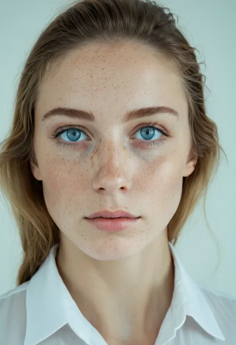 <lora:174f792232:1> woman in a white shirt with subtle freckles natural sunlight enhancing her clear blue eyes skin looks natura...