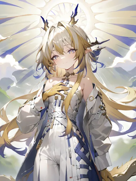 (1girl:1.2),(solo:1.2),masterpiece,best quality,highly detailed,best quality,illustration,highres,extremely detailed wallpaper,third-party edit,nice hands,perfect hands,
<lora:ShuLoraXL:1>,dragon horns,long hair,multicolored hair,blonde hair,(white backgro...