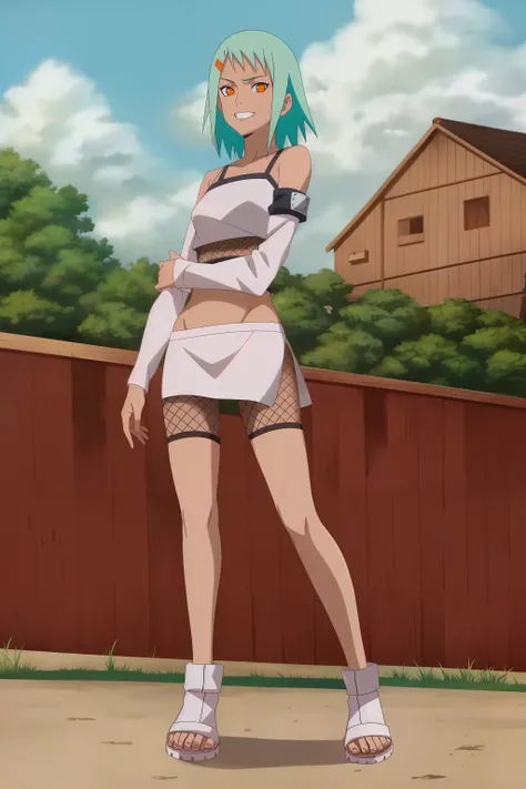 ,1girl, solo, orange eyes, short hair, green hair,grin, dark-skinned female, hairclip,crop top, detached sleeves, fishnets, pelvic curtain, bike shorts, midriff,  anime screencap,anime coloring,,toeless footwear, bare shoulders, , standing, , village, fenc...