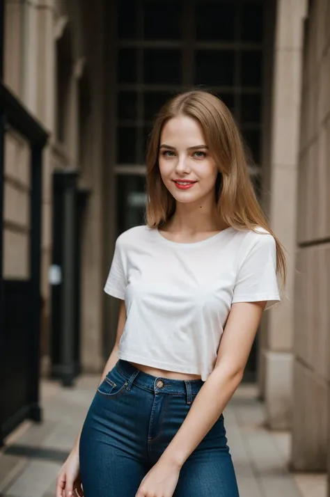 cinematic film still RAW photo of Carolina_Sampaio, smiling, red lips, natural blonde straight hair, casual clothes (black t-shirt, denim legging, stiletto heels), (looking at viewer:1.1), <lora:backlight_slider_v10:1.2>, <lora:epiCRealismHelper:1>, <lora:...