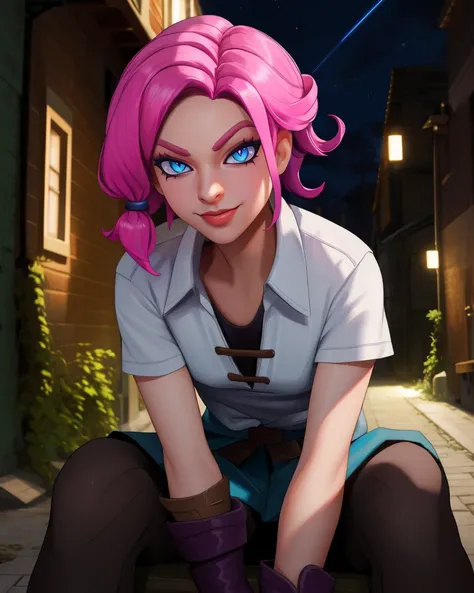 Meave,short pink hair with a hair knot,blue slit pupils,blue eyes,serious,
brown,gloves,white shirt,
smile,
sitting,
nighttime,outside,alley,dim lighting,
(insanely detailed, beautiful detailed face, masterpiece, best quality) fantasy,solo,<lora:meave:0.8>...