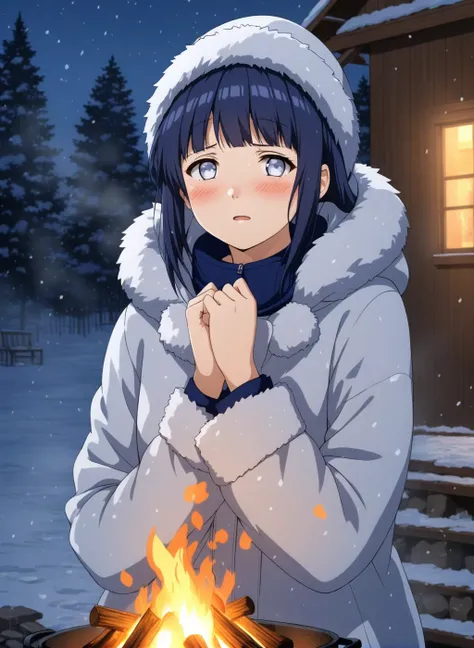 unhappy teen-hinata (fur coat winter gear), sweating blushing greasy, campfire blizzard outdoors, [studio lighting, HDR, UHD, 64K]