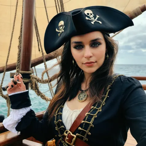 Skin Texture, Instagram iPhone Portrait photo of a woman wearing a pirate outfit on the open seas, Nikon Z9, (sharp focus), (high quality),   <lora:emclarke_xl_3_standard_merger_29_50_035_065:1>