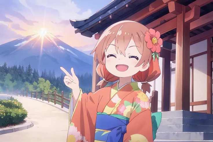 1girl, watahinata, cheerful smile, ^ ^, closed eyes, twintails, low twintails,
japanese clothes, kimono, hair flower,
upper body, looking at viewer,
outdoor, shrine, stairs, mountain, sunrise
<lora:Wataten_Hinata-v0701:1>