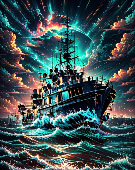 Mixed media magic. Artist James R. Eads. Stormy night over the troubled sea. drifting fishing boat, flashes of lightning on the horizon, vibrant colors, sunset influencing the sun, a fantastic vision, a detailed, complex and quality background. Old film gr...